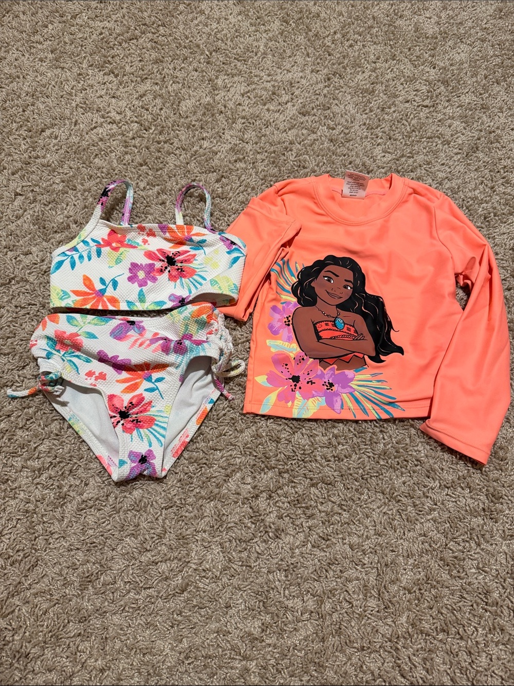Girls' Coral Rash Guard & Floral Bikini Two-Piece Swim Set